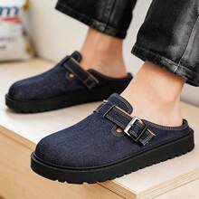 New Retro Denim Platform Mules With Metal Buckle, Slip-On Comfortable Soft Sole Backless Loafers - Royal Blue - View 8