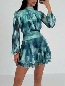 Vestido de manga larga ajustado con silueta de paraguas para mujer, nuevo para otoño/invierno, para uso casual/citas/salidas/maestras, vestido romántico con estampado de teñido anudado en púrpura y cuello alto con lazo en la cintura - Azul - Ver 3