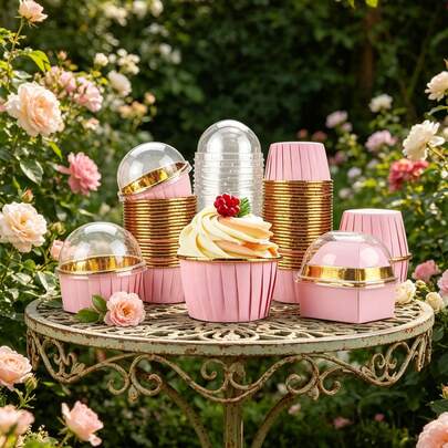 30/50 piezas Cápsulas para cupcakes de color rosa y dorado con tapas, de aluminio forrado premium, resistentes al calor y duraderas. Diseño elegante rosa y dorado que se adapta perfectamente a magdalenas, tartas de queso y brownies. Ideal para fiestas de cumpleaños, Navidad, Halloween, otoño y con temática de calabaza, perfecto para hornear a diario y decorar postres festivos.