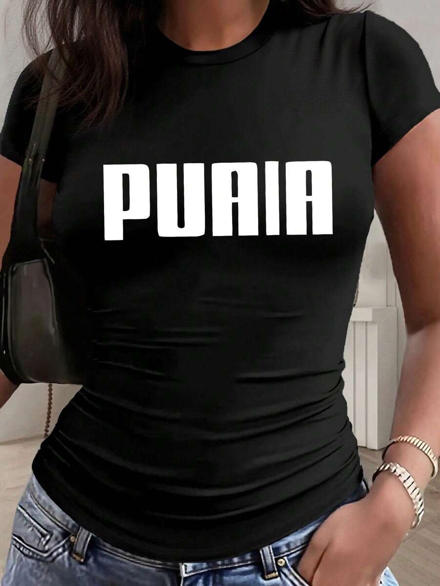 Talla unisex. Camiseta de algodón de talla grande para mujer, ideal para el verano. Estampado artístico con letras - estilo Y2K - Camiseta deportiva casual de talla pequeña, ajustada, de color sólido, con pliegues en la cintura y cuello redondo de manga corta, adecuada para las cuatro estaciones. El material absorbe el sudor, es suave y agradable para la piel. - Negro - Ver 1