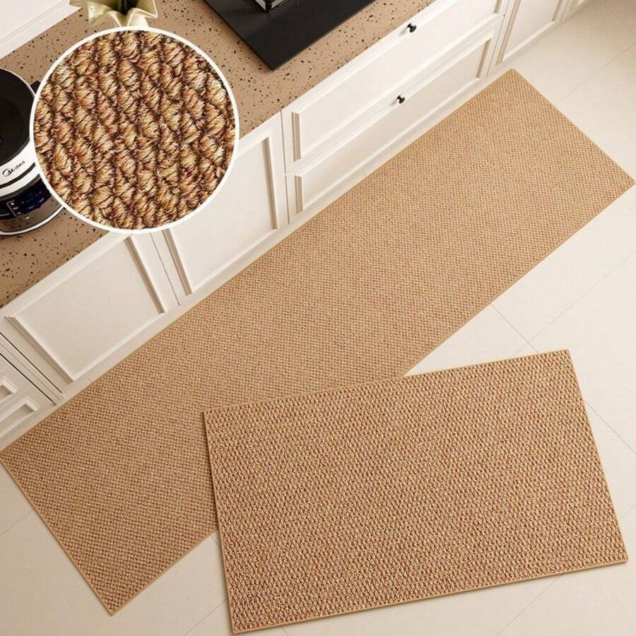 2pcs/1set Kitchen Rug Mat, Faux Linen Texture Pineapple Ring Pattern Solid Color Kitchen Mat, Pineapple Ring Pattern Door Mat, Home Mat. Washable Entryway Hallway Carpet Long Pile Carpet Modern Country Style Laundry Room Kitchen Room Carpet Long Carpet Bathroom Use, Brown - Camel - View 1