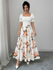 Women's Summer Vacation Floral Bright Print Waist Patchwork Dress, Elegant Waist Dress Suitable For Dates And Occasions - Multicolor - View 2