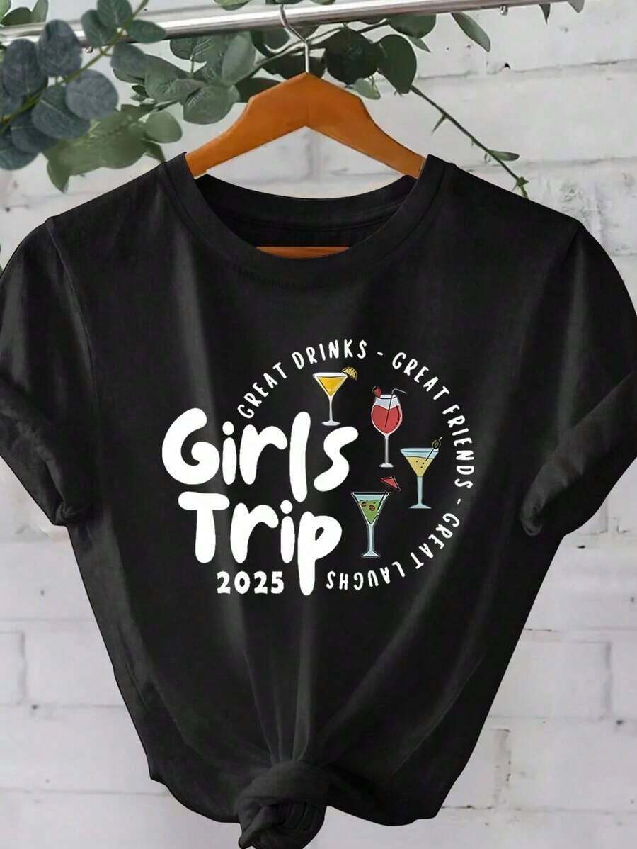 100% cotton Camisa de manga corta estampada con letras y patrón de concha para damas - Negro - Ver 1