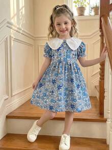 Girls' Summer Sweet Fresh Dress With Delicate Ditsy Floral And Rabbit Print, Puff Sleeves, Casual Cute Dress For Outings - Blue - View 3