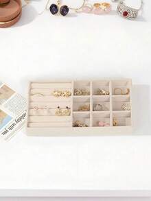 9-In-1 Velvet Jewelry Tray, Stackable Jewelry Box, Multi-Functional Organizer Tray, Cosmetic Storage Tray With Separate Compartments, Jewelry Display Stand For Earrings, Necklaces, Bracelets, Rings, Hair Clips, Ideal Gift For Valentine's Day - Beige - View 7