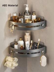 1PC/2PCS Light‑Weight ABS Material No‑Drill Corner Shelf, Self‑Adhesive Or Suction Cup Options Available,Wall Mount Storage Organizer, Waterproof Space‑Saving Rack For Bathroom, Shower, Sink & Kitchen, Easy To Install - Multicolor - View 2