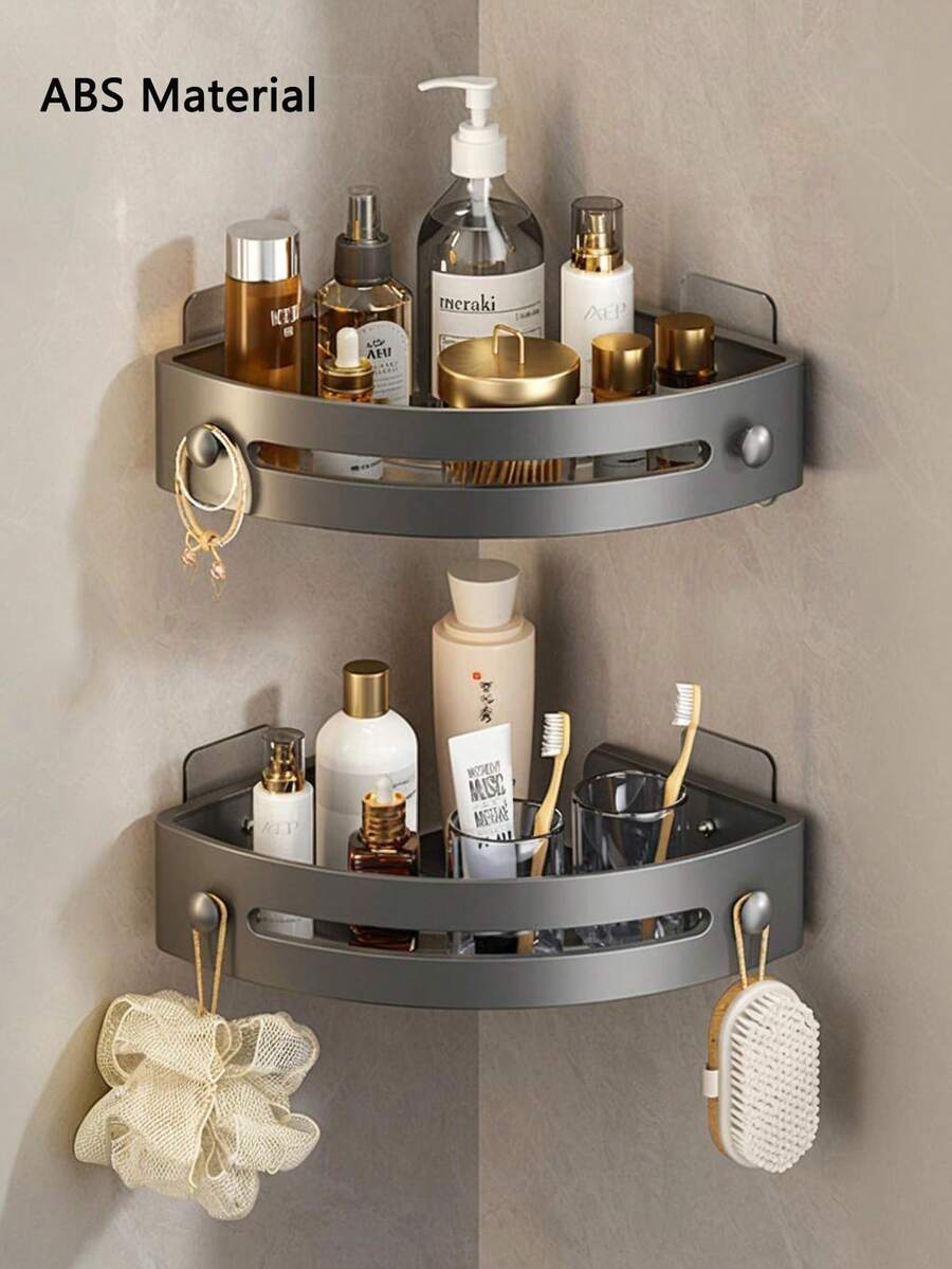 1PC/2PCS Light‑Weight ABS Material No‑Drill Corner Shelf, Self‑Adhesive Or Suction Cup Options Available,Wall Mount Storage Organizer, Waterproof Space‑Saving Rack For Bathroom, Shower, Sink & Kitchen, Easy To Install