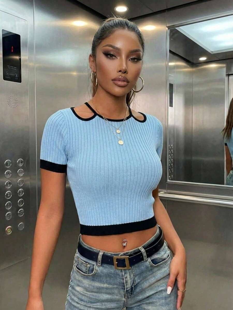 Women's Casual Solid Color Polo Shirt, Contrast Color Trim Design, Summer Top, Vacation Wear, Maia - Baby Blue - View 1