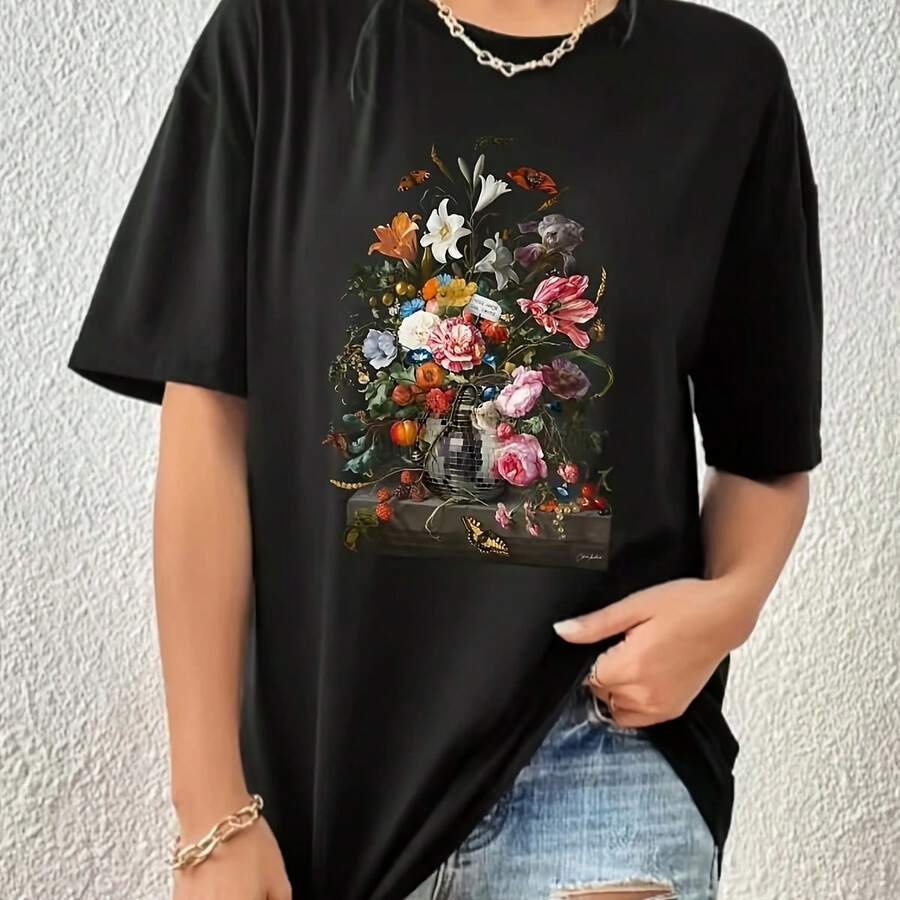 VintageStillLifeFloralBouquetArtWomen'sT-Shirt,FeaturinganOpulent,VividPrintofLushMixedBloomswithDelicateButterflies&TinyCritters,BoastingFade-Resistant,Crisp&Long-LastingPrinting,ExudingTimelessEleganceforEffortlesslyStylish,Head-TurningEverydayLooks - màu đen - Xem 1
