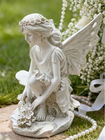Tượng nàng tiên quỳ gối màu trắng, tượng trang trí sân vườn bằng nhựa với đôi cánh bướm, vật trang trí thanh lịch cho không gian trong nhà và ngoài trời, sân hiên, sân vườn, phòng khách, món quà tân gia hoàn hảo.