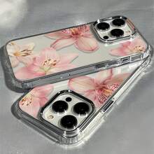 1pc Electroplated Metal Button Transparent Minimalist Personalized 4 Pink Orchid Pattern Phone Case, Suitable For IPhone 16 Pro Max, 17/16/15/14 Plus, 13/12/11, Air - Multicolor - View 3