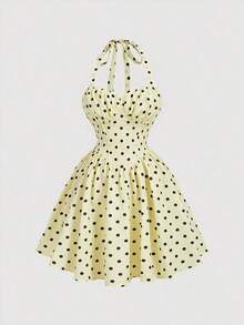 Vestido corto sin mangas amarillo claro con estampado de lunares, diseño halter con cintura ajustada, estilo romántico ideal para primavera y verano, excursiones y vacaciones - Multicolor - Ver 11
