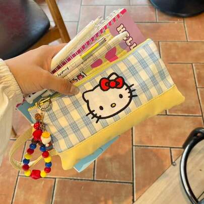  1 pieza, Bolsa de lápices con diseño de gato de cuadros de la marca Sanrio Co, bolsa de almacenamiento de dibujos animados japoneses, bolsa de belleza de nicho para estudiantes, bolsa de almacenamiento de papelería para jardín de infantes, escuela, estudiantes, adultos, hombres y mujeres, para uso en el hogar, al aire libre, en el aula, fiestas, bailes, universal para guardar papelería, juguetes, lápices labiales, cosméticos, accesorios, auriculares colgantes, cámara, bolsa de almacenamiento multifuncional
