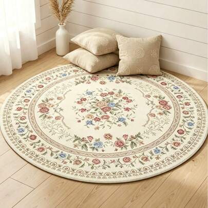 1pc Vintage Floral Round Area Rug, Decorative Carpet, New Retro Round Rug For Living Room, Study, Vanity, Short Plush Washable Foldable Rug For Bedroom, Indoor Room, Home Decor