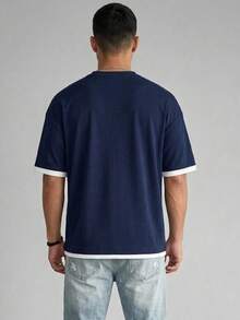 GRDR Men's Classic 2 In 1 Round Neck Short Sleeve T-Shirt, Fashionable Minimalist Commuting Versatile - Navy Blue - View 2