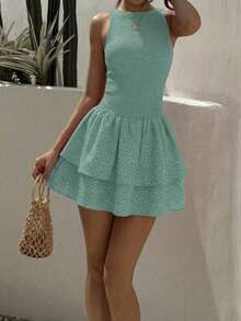 Vestido mini ajustado sin mangas a cuadros azules, estilo francés dulce para vacaciones, primavera/verano - verde menta - Ver 3