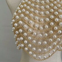 ZHENGHEN Pearl Mesh Spaghetti Strap Bodychains Top, White Pearl Beaded Cropped Blouse, Luxury Beach Festival Body Jewelry - Gold - View 7