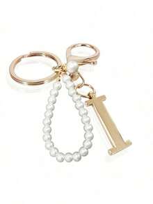 Advanced Elegant Golden Pearl Letter Keychain, Letters A-Z Three-Dimensional Pendant, Elegant Pearl Chain Flash Diamond (Removable According To Personal Preference) Fashion Alloy Keychain Ring, Earphone Pendant, Backpack Charm Car Keychain - 金色 - 查看 2