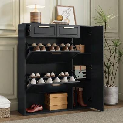 Modern Shoe Cabinet With Adjustable Shelves, Gold Handles, Drawers, Drop-Down Shoe Cabinet And Doors, Black Color, Width 95/ Depth 24/ Height 107 Inches.