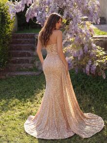 Women's Sequin Sweetheart Neck Bandeau Mesh Patchwork High Waist Slit Hem Maxi Dress, Suitable For Balls, Parties, Formal Dinners And Other Occasions Wedding Spring Party - Champagne - View 2