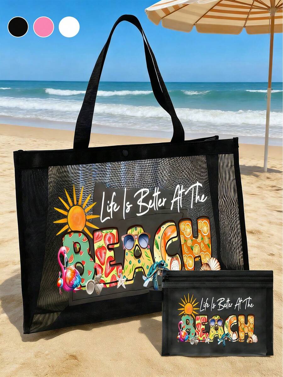 網格托特包與小收納袋套組，飾有夏季「海灘生活更好」圖案、貝殼、海龜等元素，充滿夏日氛圍。既是托特包、海灘包，也是夏威夷風透明收納袋，可用作旅行盥洗包、海灘托特包、休閒度假包、化妝收納袋等，夏季必備單品。非常適合學校、度假、假期和返校使用，也是送給朋友和老師的最佳禮物，甚至可用作生日禮物、派對禮物
