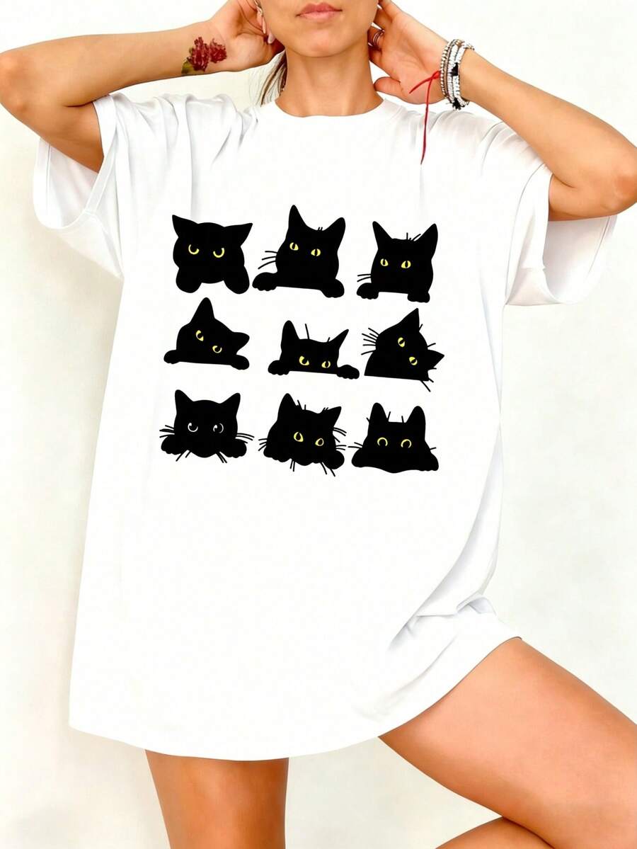 Camiseta Oversize Blanca Gatos Negros Estampados para Mujer Verano Casual - Blanco - Ver 1