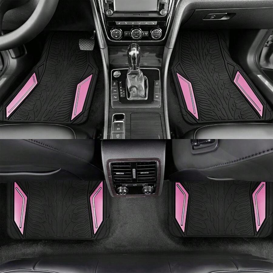 Pink Rubber Floor Mats With Aluminum Film And Colorful Piping, Non-Slip Backing All-Weather Protection, Trim-To-Fit Liner For Cars SUVs Trucks Vehicles - PINK - View 1