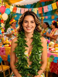 2/1pc Tropical Green Fern Leaf Leis - Artificial Hawaiian Garland Necklace For Summer Beach Pool Party Favors, Decorations & Photo Props No Maintenance, Festive Event Accessories, Hawaiian Themed Accessory, Hawaiian Party Decorations - Wreath - View 5