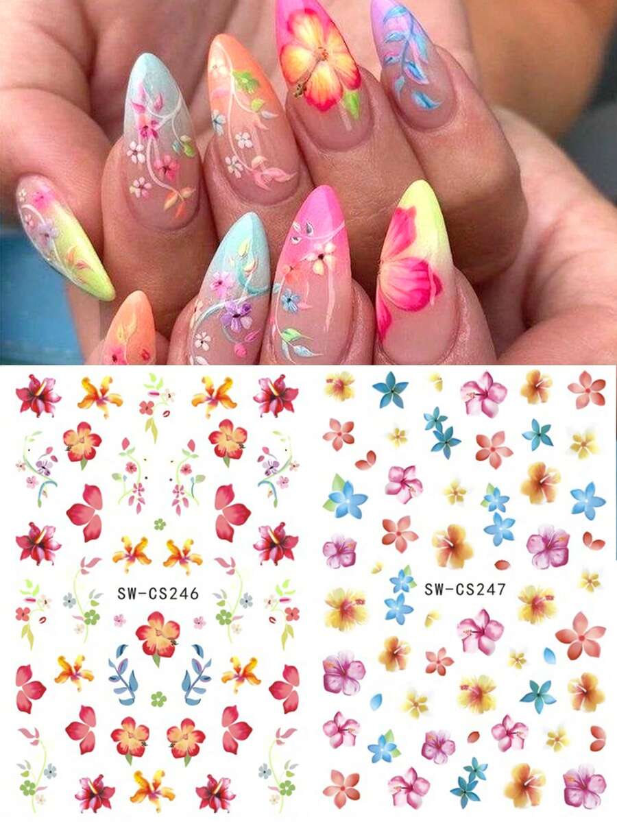SWEET TREND 3D熱帶花瓣美甲貼紙 2片裝 紅粉色扶桑花葉藤蔓 鮮豔春夏花卉印花設計 DIY Y2K復古時尚 自黏式凝膠指甲貼花美甲裝飾 - 彩色 - 查看 1