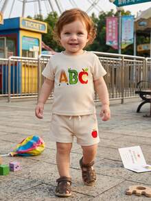 Toddler Boys Cotton Shorts Set Apple Letter Embroidered Casual Preppy Summer Back To School Outfits - Apricot - View 2