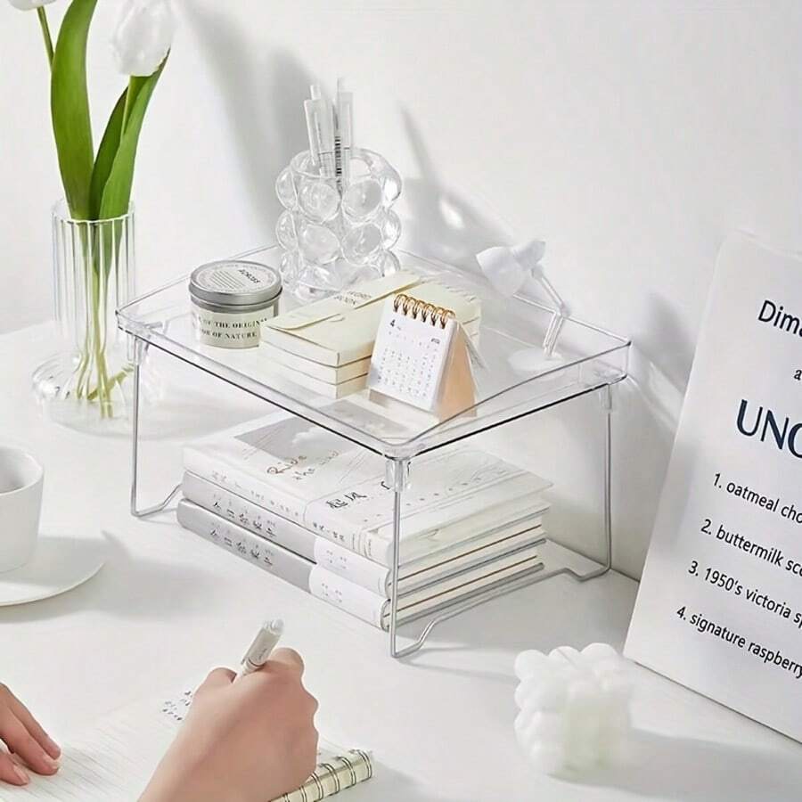 Transparent Tiered Storage Rack, Organizes Desk Items Like Stationery, Books, Cosmetics, Fully Utilizes Vertical Space For A Tidy Desk. Suitable For Study, Vanity, Office Desk Etc. The See-Through Design Creates A Fresh And Visually Appealing Effect.