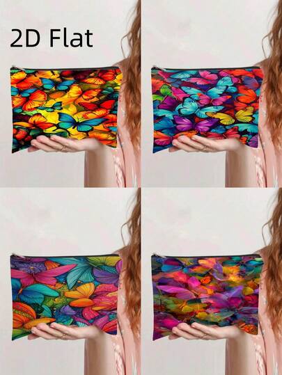 色彩鲜艳的水彩蝴蝶印花化妆包，彩色抽象翅膀主题便携式拉链袋