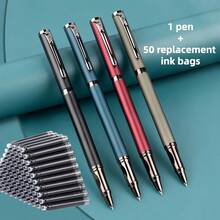 Bộ 1 bút bi + 50 hộp mực thay thế, bút bi kim loại cao cấp, thiết kế tối giản thanh lịch, viết trơn tru, lý tưởng cho việc ký tên trong kinh doanh và sử dụng cá nhân, tương thích với hộp mực 2.6mm, thích hợp làm quà tặng. - Bộ 51 món - Xem 8
