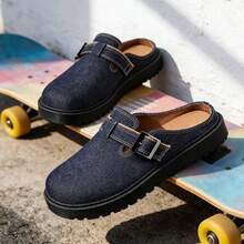 New Retro Denim Platform Mules With Metal Buckle, Slip-On Comfortable Soft Sole Backless Loafers - Royal Blue - View 13