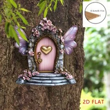 1/8个迷你仙女门木质装饰品，粉金配色，梦幻花园装饰，轻巧仙女屋，室内/室外皆可使用，梦幻桌面/花园摆件，蝴蝶翅膀设计，无需用电，2D - 木質擺飾 - 查看 7