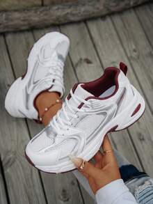 American Retro Contrast Color Running Shoes, Mesh Breathable, Thick Bottom Cushioning, Campus, Street, Daily Wear Template, Running Shoes To Grasp The Relaxation Feeling, 5cm High Casual Shoes - 品質升級紅 - 查看 1