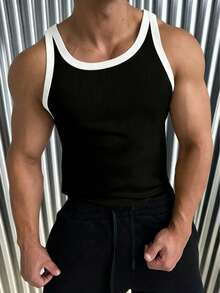 Áo tank top nam thời trang thường ngày, ôm sát, co giãn, phối màu tương phản - màu đen - Xem 3