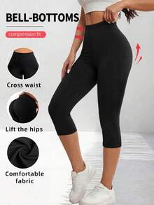 Women's High Waist Casual Elastic Capri Leggings, Solid Color Knitted Polyester Fabric, Suitable For Spring, Summer And Autumn Black - Black - View 3