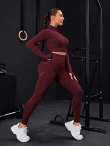 Seamless Zip-Up Tracksuit With Thumb Holes - Burgundy - View 5