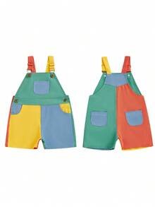 Overalls Shorts Contrast Color Sleeveless Suspender Romper With Adjustble Shoulder Strap - Multicolor Red, Yellow and Blue - View 2