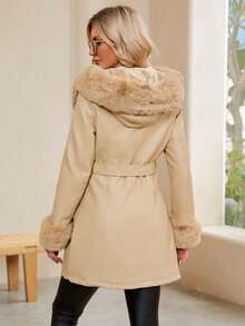 Giolshon Women's PU Jacket With Faux Fur And Belt - Perfect For Autumn/Winter, Stylish And Suitable For Daily Commute Or Work After Fastening The Belt - Khaki - View 3