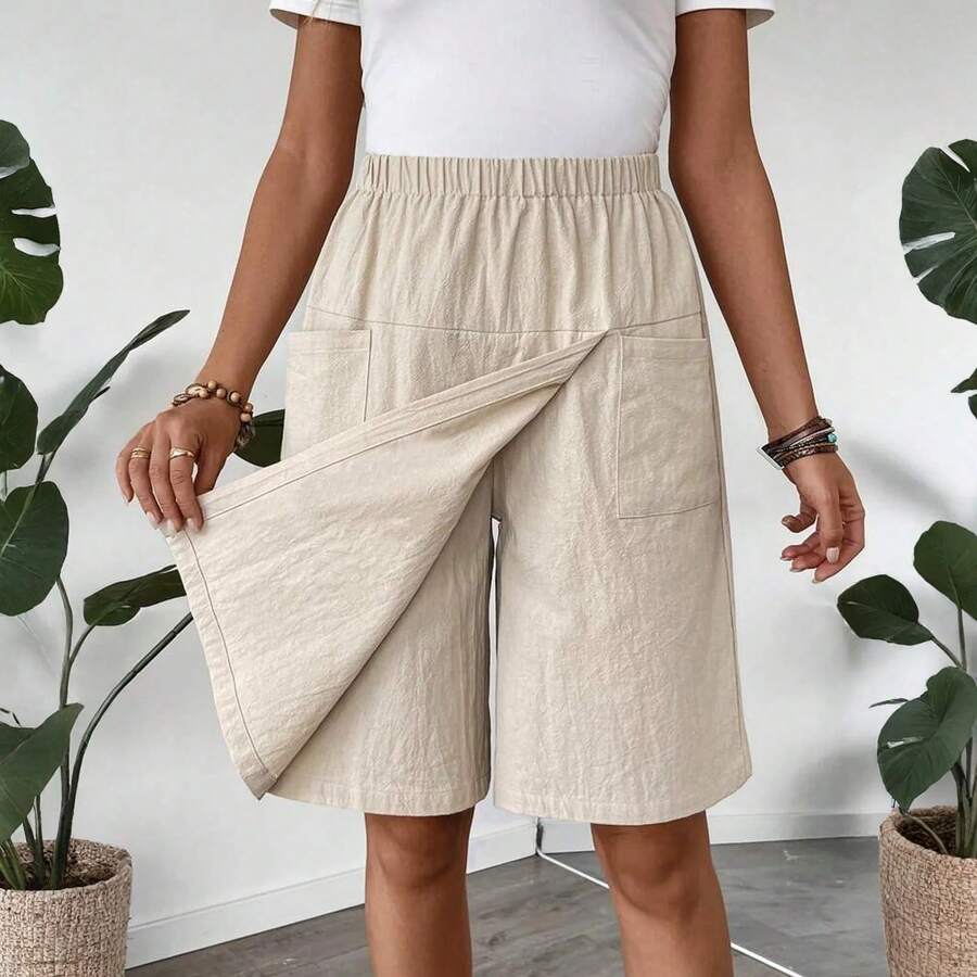 Nueva moda para mujer, pantalones cortos informales con bolsillo y cintura elástica de Color sólido, culottes ligeros y acogedores para verano - Caqui - Ver 1