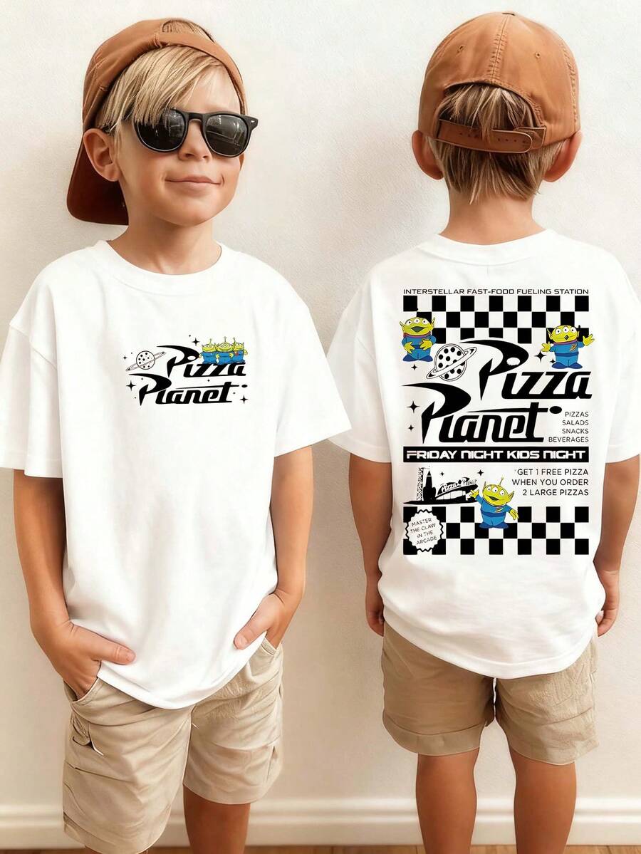 Disney Toy Story Pizza Planet Themed Kids' T-Shirt: Black Base With Double-Sided Print Of 'Pizza Planet' Logo, Aliens And Retro Fast-Food Elements. The  Style Fits Kids' Multi-Scene Daily Wear - White - View 1