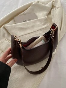 1 pieza Bolso de hombro en forma de media luna de color café con piel de PU, bolso debajo del brazo de mujer de unicolor simple de moda, para otoño/invierno - Café integral 4 - Ver 7