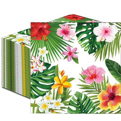 20/40/60/80/100pcs Tropical Hibiscus Pattern Green Disposable Paper Napkins, Summer Theme Decor Suitable For Birthday Party, Outdoor BBQ, Pool, Beach And Picnic Table