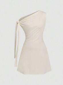 Vestido minimalista para mujer con estampado floral de tinta, hombro asimétrico con lazo, cintura ajustada - Beis - Ver 6