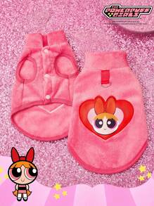 THE POWERPUFF GIRLS X PETSIN 1件绣花大眼女孩爱宠物猫狗通用保暖舒适无袖外套，配玫瑰红牵引扣，秋冬加厚绒毛外套 - 玫紅色 - 查看 1
