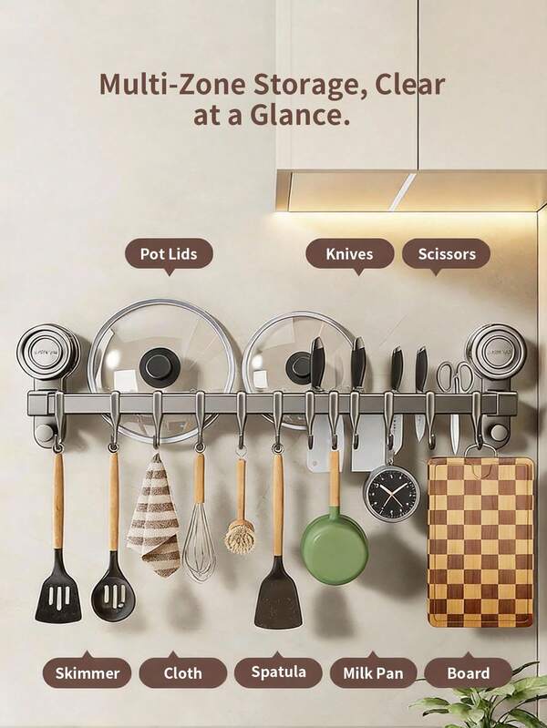 Kitchen Suction-Cup Storage Rack - Household Wall-Mounted Organizer (No-Drill Installation) For Knives, Utensils, Spatulas, And Pot Lids