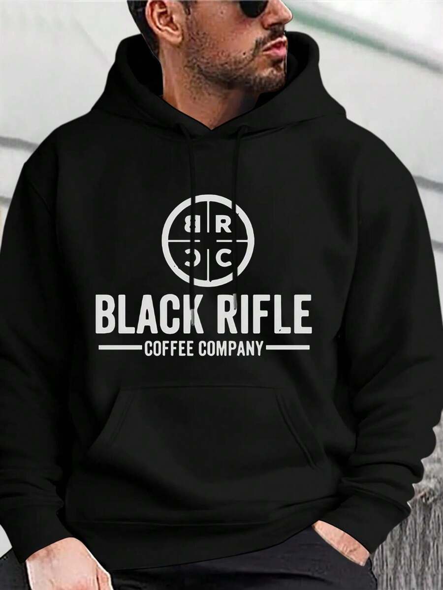 Men's Black Patterned Printed Hoodie - Designed By Black Rifle Coffee Company, Loose Casual Pullover With Pocket Detail, Comfortable For All Seasons, Suitable For Sports And Everyday Wear, Heat-Transfer Print, Regular Fit, Comfortable Clothing, Durable Fabric, Street Fashion, Urban Style, Soft Material, For Street Enthusiasts - Black - View 1