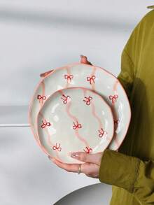 Korean Ins Style Hand-Painted Ribbon Bow Ceramic Plate, 6 Inch, 8 Inch Dessert Plate, Cake Plate, Fruit & Snack Plate, Tea Plate, Appetizer Plate, Nut Plate, Suitable For Home, Restaurant, Cafe, Bakery, Microwave - Multicolor - View 13